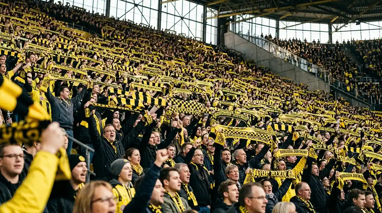 Afición alemana con bufandas en la grada amarilla del Signal Iduna Park durante un partido de Bundesliga